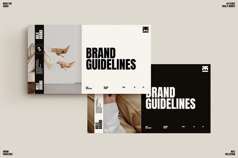 May include: A black and white mockup of a brand guideline document with the text "BRAND GUIDELINES" in bold, white letters. The document is open to reveal a photo of a woman's legs wearing white pants and high heels. The document is on a light brown surface.