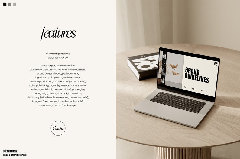 May include: A laptop computer displaying a webpage with the text "Brand Guidelines" on a light brown wooden table. A black book is also on the table.