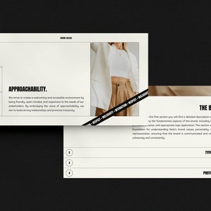 May include: A white and beige presentation board with the text "APPROACHABILITY." and "THE BRAND" in black text. The board also includes the text "RESPECT, INCLUSION, INTEGRITY, HONESTY, RESPONSIBILITY" in black text on a white background.