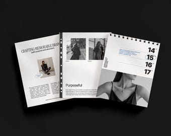Puede incluir: Una colección de tres materiales de marketing impresos, que incluyen un cuaderno encuadernado en espiral y dos folletos abiertos. Los folletos presentan el texto "Crafting Memorable Bran" y "Purposeful". El cuaderno muestra los números 14, 15, 16 y 17.