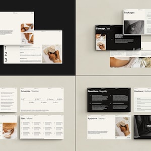 Puede incluir: Un documento en blanco y negro con las palabras "Concept/one", "Schedule/Timeline", "Budget/Costs", "Plan/Roadmap", "Approval/Contract", "Questions/Inquiries", "Reviews/Feedback", "Packages" y "Thank you" en negrita. El documento incluye im&aacute;genes de mujeres en varias poses.