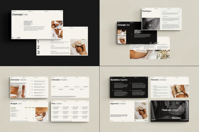 Puede incluir: Un documento en blanco y negro con las palabras "Concept/one", "Schedule/Timeline", "Budget/Costs", "Plan/Roadmap", "Approval/Contract", "Questions/Inquiries", "Reviews/Feedback", "Packages" y "Thank you" en negrita. El documento incluye im&aacute;genes de mujeres en varias poses.
