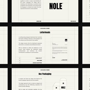 May include: A branding guide for the NOLE brand, featuring a black and white logo with the word "NOLE" in a bold font. The guide includes examples of the logo on different products, such as a tube, a box, and a letterhead.