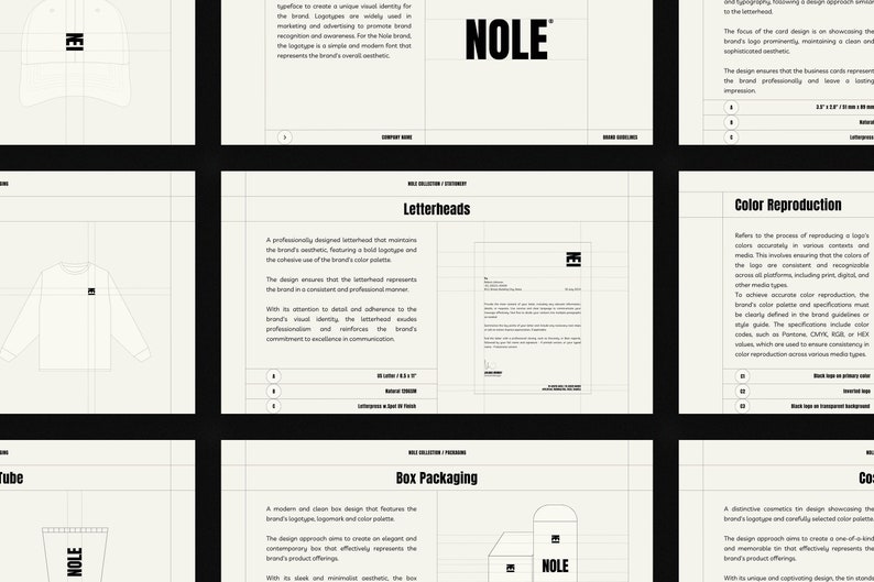 May include: A branding guide for the NOLE brand, featuring a black and white logo with the word "NOLE" in a bold font. The guide includes examples of the logo on different products, such as a tube, a box, and a letterhead.