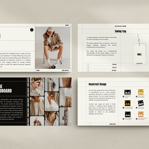May include: A guide to using a brand's logo and imagery. The guide includes a mood board of images, a swing tag design, and examples of correct and incorrect logo usage.