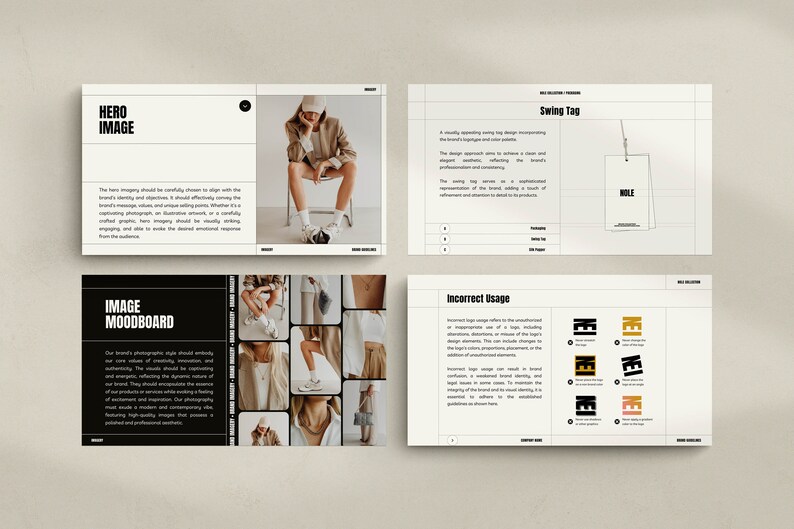 May include: A guide to using a brand's logo and imagery. The guide includes a mood board of images, a swing tag design, and examples of correct and incorrect logo usage.