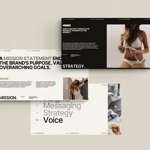 May include: A black and white presentation board with text that reads "Our strategy drives our brand's triumph in the market." and "A mission statement encapsulates the brand's purpose, values, and overarching goals." The board also includes a photo of a woman wearing a white bikini.