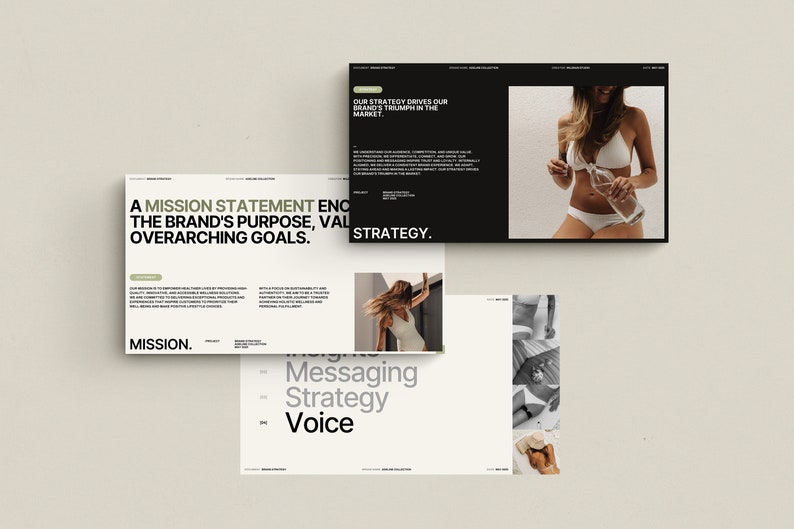 May include: A black and white presentation board with text that reads "Our strategy drives our brand's triumph in the market." and "A mission statement encapsulates the brand's purpose, values, and overarching goals." The board also includes a photo of a woman wearing a white bikini.