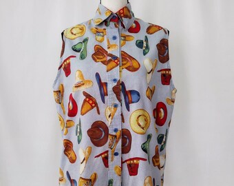 Vintage 1980s Homemade Sleeveless Cowboy Hat Novelty Print Shirt
