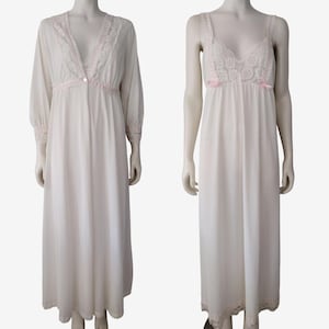 Vintage 1960s White Nylon Lace Empire Waist Peignoir and Nightgown Set Size 36