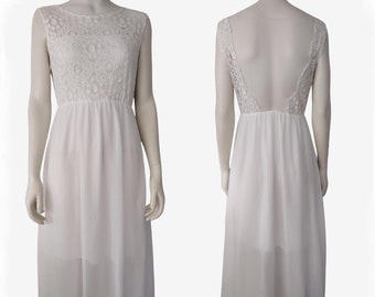 Vintage 1990s Poly Chiffon White Lace Sheer Back Sleeveless Maxi Nightgown Size S