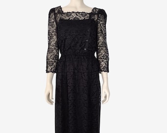 Vintage 1970s Black Floral Lace 3/4 Sleeve Midi Sheath Dress Size 2/4