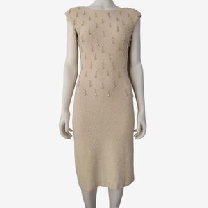 Vintage 1950s Kimberly I.Magnin Cream Beaded Hand Loomed Wool Boucle Knit Sheath Dress Size XS