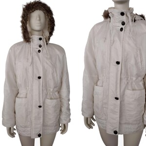 Vintage 1990s White Nylon Mock Neck Hooded Fur Trimmed Puffer Jacket Size S