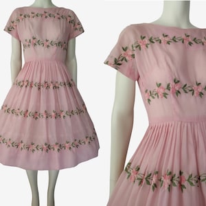 Vintage 1950s Pink Floral Embroidered Boatneck Semi Sheer Fit and Flare Dress Size XXS
