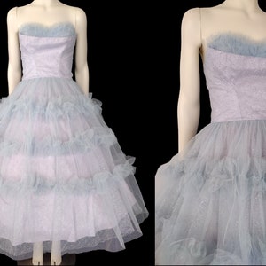 Vintage 1950s Strapless Purple Blue Metallic Ruffled Fit and Flare Tulle Cupcake Midi Dress XXS