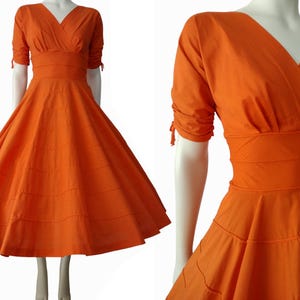 Vintage 1950s Tangerine Orange Cotton Fit and Flare Midi Dress Size XS