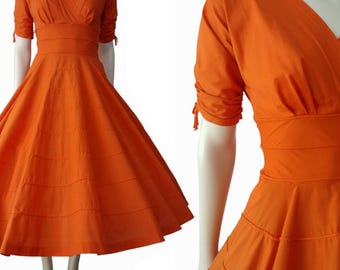 Vintage 1950s Tangerine Orange Cotton Fit and Flare Midi Dress Size XS