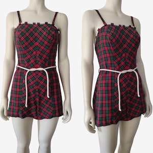 Vintage 1950s Red and Green Cotton Plaid Boned Swimsuit Romper Size S