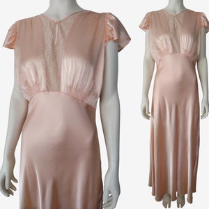 1930s Vintage Nightgown Slip Dress, peach silk and lace bias cut sheath lingerie dress