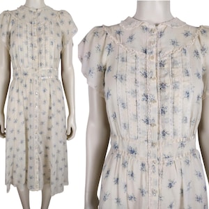 Vintage 1970s Gunne Sax Style Ivory Floral Button Down Midi Prairie Dress Size XS