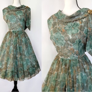 Vintage 1950s Green Floral Chiffon Organza Fit and Flare Swing Dress