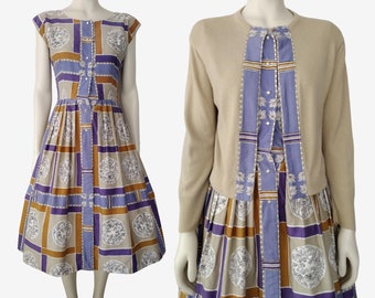 Vintage 1950s Egyptian Geometric Novelty Print Fit and Flare Cotton Dress and Sweater Set Size 0
