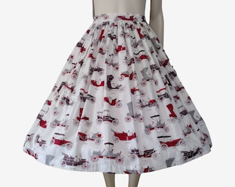 Vintage 1950s White Novelty Car Print Cotton Midi Full Skirt - Waist 23"