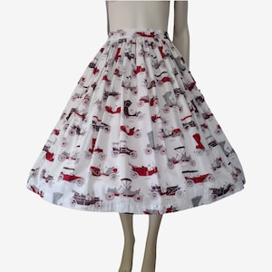 Vintage 1950s White Novelty Car Print Cotton Midi Full Skirt - Waist 23&quot;