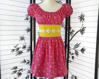 60s Vintage Groovy Pink and Yellow Flower Print Off Shoulder Mini Dress - Size XS