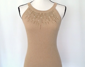 Y2K Vintage Cache Golden Tan Sleeveless Sequin Beaded Tank