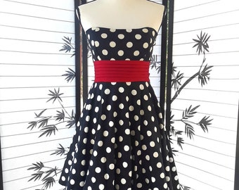 1990s Vintage Retro 50s Black & White Polka Dot Rockabilly Dress