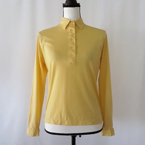 Vintage 1970s Yellow Knit Grid Pattern Collared Blouse