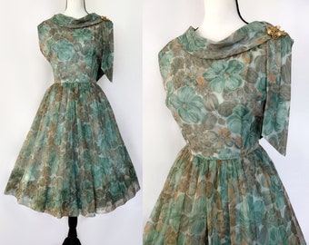 Vintage 1950s Green Floral Chiffon Organza Fit and Flare Swing Dress