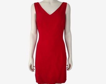 Vintage 1990s Red Sleeveless V Neck Tailored Sheath Dress Size M / L