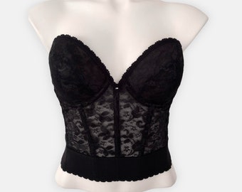 Vintage 1990s Adonna Black Lace Strapless Plunge Bustier Corset 38B
