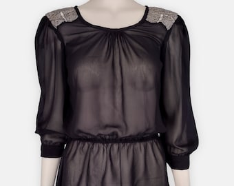 Vintage Y2K Black Semi Sheer Beaded Shoulders High Low Blouse