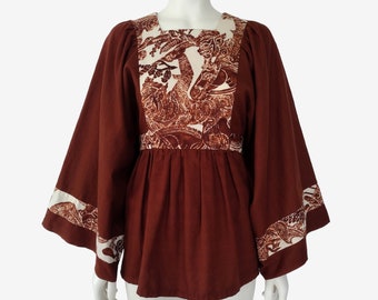 Vintage 1960s Brown Bohemian Fit and Flare Bell Sleeve Tunic Top Size S