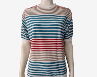 Vintage 1970s Multicolored Striped Short Sleeved Crew Neck Preppy Sweater Size S / M