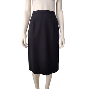Vintage 1990s Kasper Black Worsted Wool High Waisted Midi Pencil Skirt With Pockets Size 12