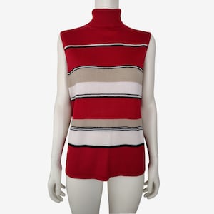Vintage 1990s Red Striped Sleeveless Turtleneck Lightweight Knit Blouse Size L