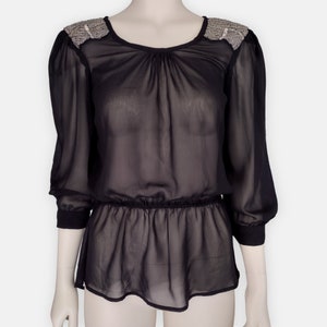 Vintage Y2K Black Semi Sheer Beaded Shoulders High Low Blouse