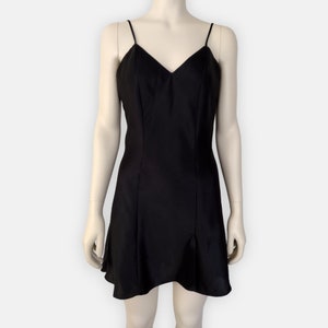 Vintage 1990s Black Satin Bias Cut Mini A Line Slip Dress Size 8