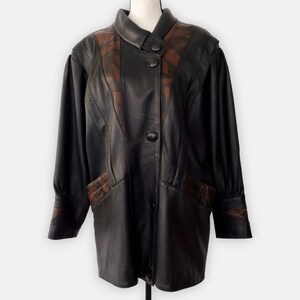 Vintage 1980s Black Brown Oversized Real Leather Button Down Coat Jacket L/XL
