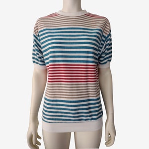 Vintage 1970s Multicolored Striped Short Sleeved Crew Neck Preppy Sweater Size S / M