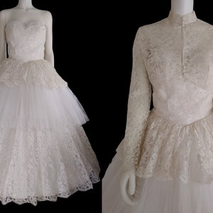 Vintage 1950s White Cream Lace and Tulle Sweetheart Neck Wedding Dress With Bolero Jacket - Waist 29"