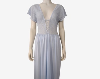 Vintage 1980s Blue Stretch Lace Plunge Neck Cap Sleeve Nightgown