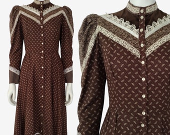 Vintage 1970s Gunne Sax Brown Calico Puff Shoulder Button Down Prairie Dress
