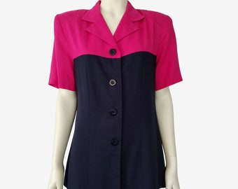 Vintage 1990s Ellen Figg Fuchsia and Navy Colorblock Blazer Jacket