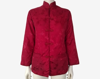 Vintage 1980s Red Floral Jacquard Mandarin Collar Puffer Jacket Size S